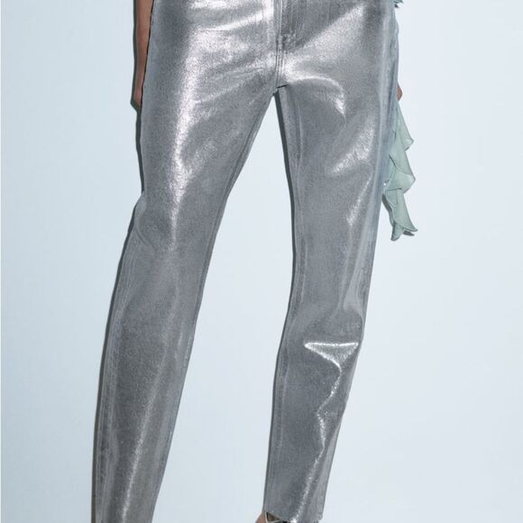 Zara NWT Viral Silver Coated High Rise Jeans Size 6 Sold Out Online Bloggers Fav - Picture 3 of 11